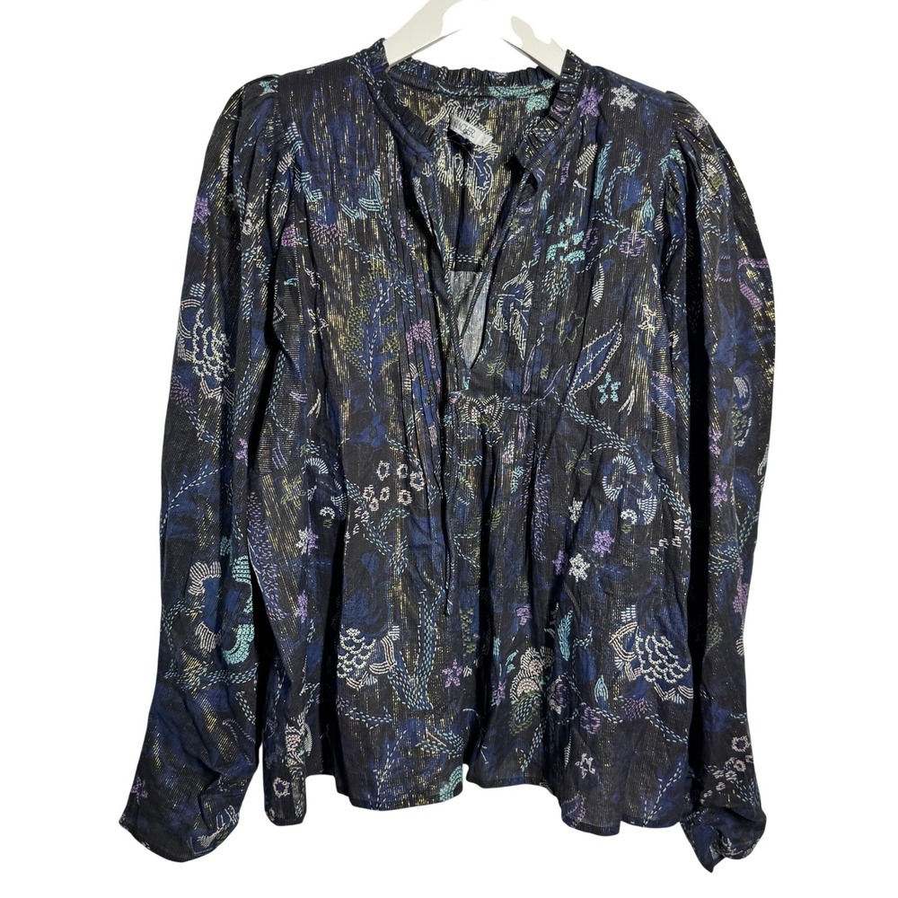Mariacher Blue Floral Cotton Metallic Gold Pinstripe PuffSleeve Blouse L Peasant